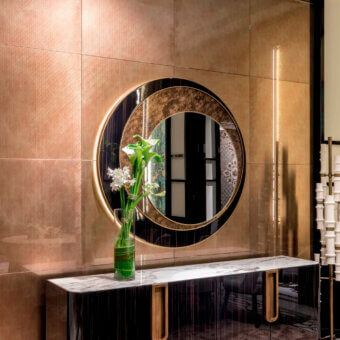 Distinguished Sicis Harper mirror crafted in Ammara ebony with Vetrite glass and a luminous gold-toned metal frame with backlit LED lighting