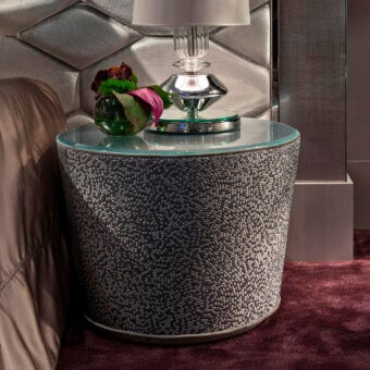 Captivating Sicis Koiné nightstand crafted in Italy with solid wood, plywood and gray silver mosaic upholstery with a Vetrite glass top