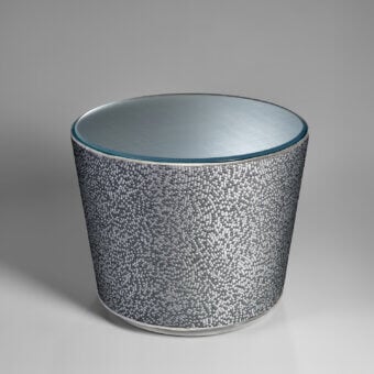 Superior Sicis Koiné nightstand crafted in Italy with solid wood, plywood and captivating gray silver mosaic with customizable light blue Vetrite glass