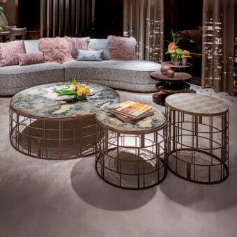 Distinguished Sicis Koro side & coffee table set with cylindrical silhouettes and luminous Vetrite glass tops in swirling gray, green, and white hues