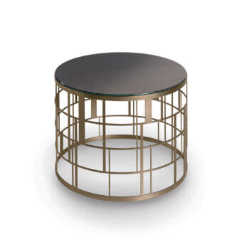Elegant Sicis Koro side & coffee table with lacquered stainless steel in warm gold tone and luminous Vetrite glass top