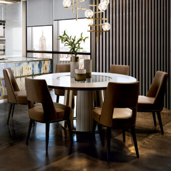Distinguished Sicis Koro table with wood and Vetrite glass tabletop built in a Lazy Susan and silver-toned metal base