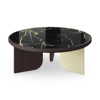 Superior Sicis Liam coffee table with Vetrite tabletop and black base exhibiting white gold veining crafted in wood and pale gold metal
