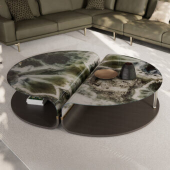 Exceptional Sicis Mars coffee table with swirling green, white, and grey polished stone atop a dark wood satin finish base