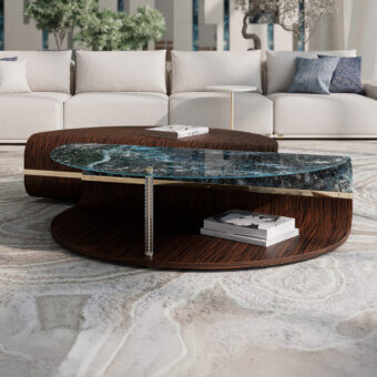 Exceptional Sicis Mars coffee table with dark brown wood and curved glass displaying swirling blue and gray patterns in satin finish