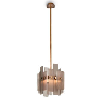 Elegant Sicis Oscar suspension lamp with cylindrical form in brass and translucent panels with antique bronze finish