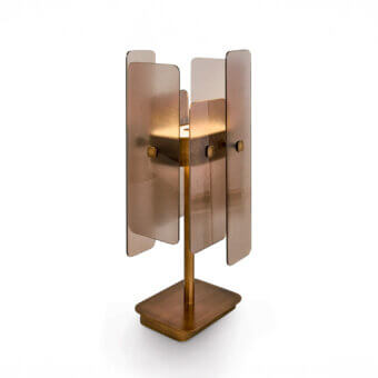 Superior Sicis Oscar table lamp with gracefully contoured solid brass and layered bronze-toned frosted decorative glass