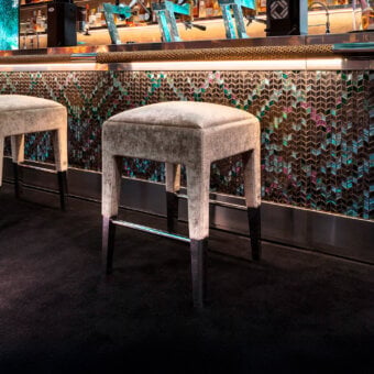 Sophisticated Sicis P08 bar stool with light gray velvet seat and polished coated metal frame crafted in wood and plywood
