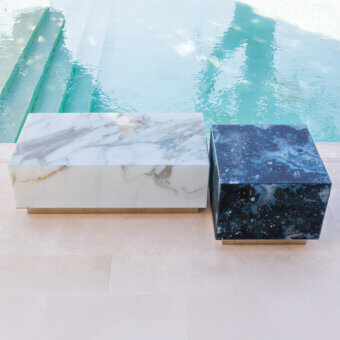Lavish Sicis Panarea side & coffee table with backlit Vetrite gem glass and polished stainless steel base crafted in white stone with gold and grey veining