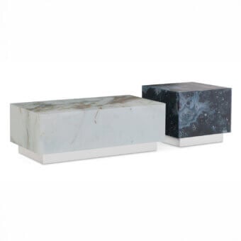 Elegant Sicis Panarea side & coffee table with pale blue-green and gold-streaked Vetrite gem glass top and polished stainless steel base
