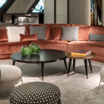 Distinguished Sicis Peggy round side & coffee table with ebony tabletop and lacquered wood base built with coated lacquered finishes and brass details