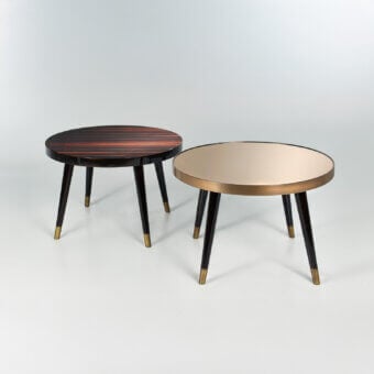 Elegant Sicis Peggy round side & coffee table with ebony tabletop and dark lacquered wood legs built with gold-toned metal accents