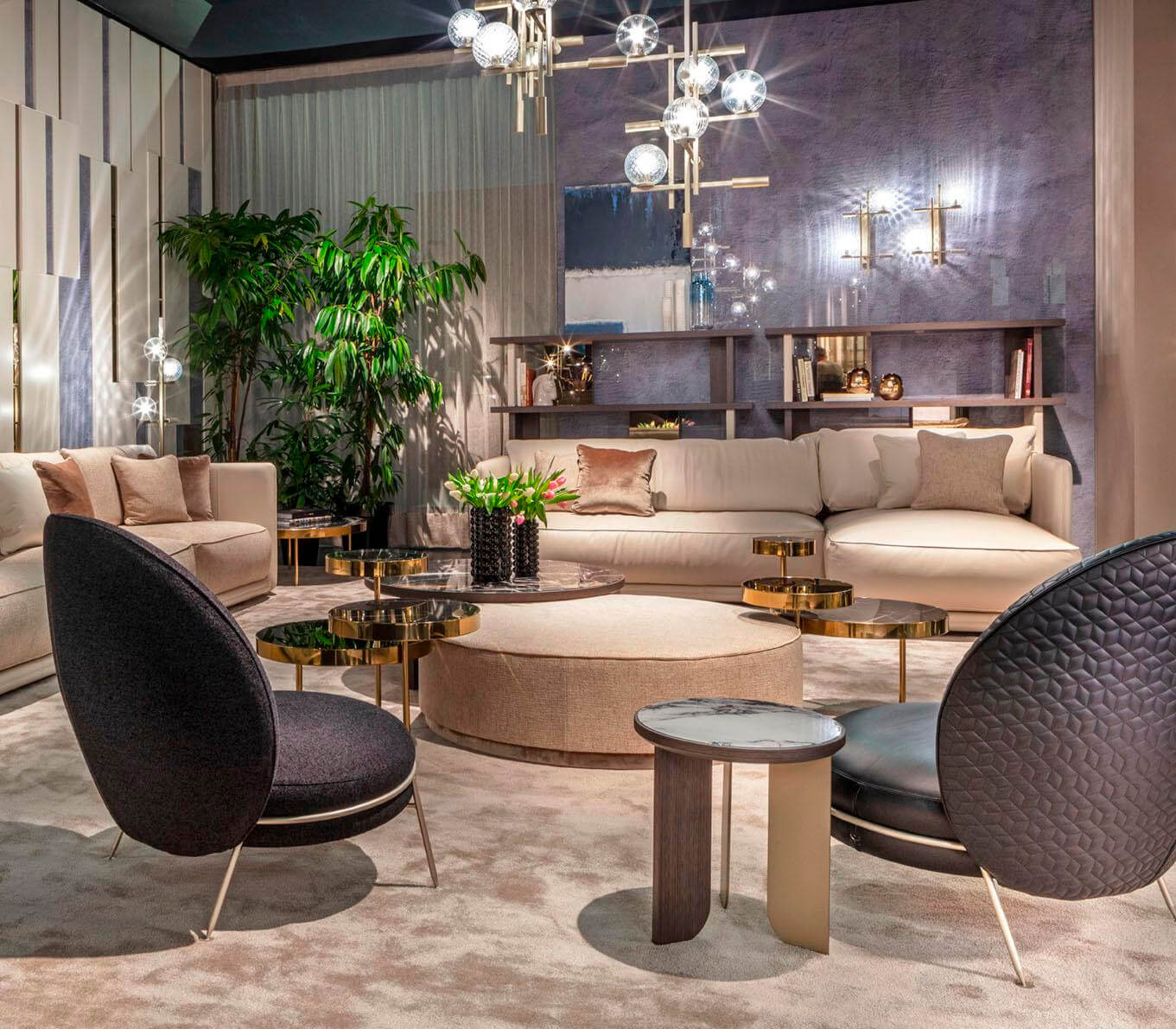 Lavish Sicis Tris Murano floor lamp crafted with champagne metal and hand-blown Murano glass spheres