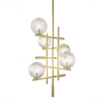 Exceptional Sicis Tris Murano suspension lamp crafted in champagne metal with Murano glass spheres and decorative leather cylinders