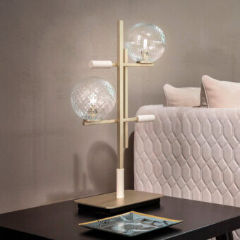 Elegant Sicis Tris Murano table lamp with clear Murano glass spheres and champagne metal structure