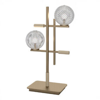 Superior Sicis Tris Murano table lamp with a champagne metal structure and exquisite Murano glass spheres crafted with decorative leather cylinders