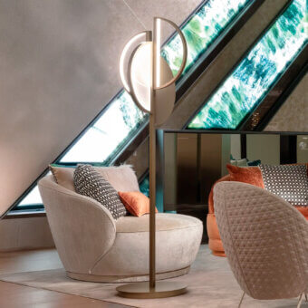 Superior Sicis Venus floor lamp with brass frame and backlit Vetrite glass half-spheres in a satin finish