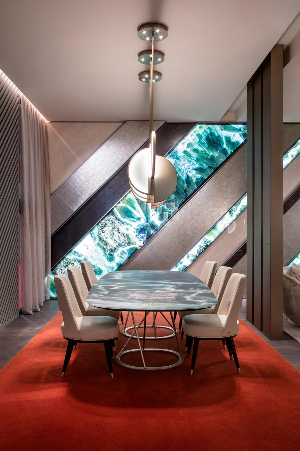 Exceptional Sicis Venus suspension lamp with a brass body and radiant backlit Vetrite glass inserts crafted with polished satin finishes