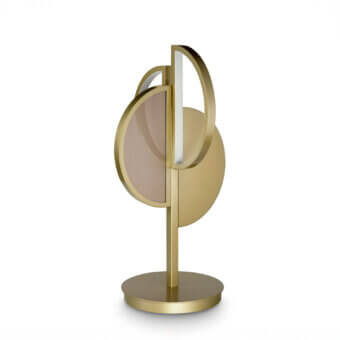 Sicis Venus table lamp, brushed brass finish, features overlapping circular elements with beige to rose gradient panel and asymmetrical arm.