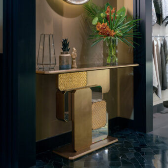 Distinguished Sicis Vienna Console crafted with a golden tone base and high-quality mirror top showcasing mosaic detailing with textured drawer fronts