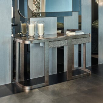 Distinguished Sicis Visconti console crafted with a coated lacquered silver-grey metal structure and polished marble top with artistic mosaic