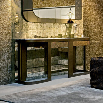 Sicis Visconi console table, dark brown wood, curved form with marble top and perforated metal detailing, mirrored side panels.