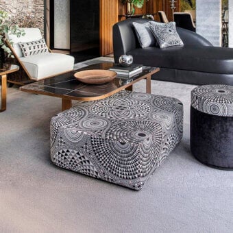 Superior Sicis Visconti ottoman crafted with black, white, and gray geometric textile and textured matte finish