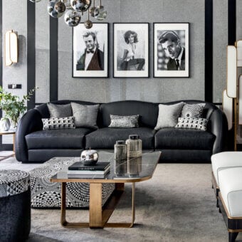 Superior Sicis Visconti sectional with plush mixed feather cushions and lacquered wood base crafted in dark upholstery
