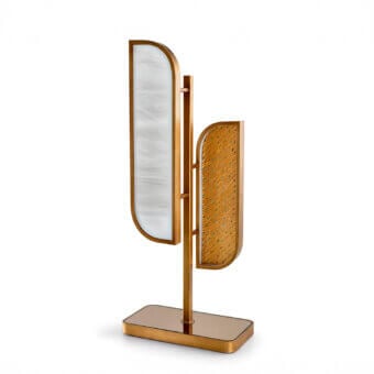 Exceptional Sicis Visconti table lamp crafted with brass and artistic mosaic detailing in antique bronze with backlit Alicrite insert