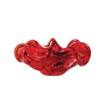 Murano glass vase, red, undulating shape with swirling textured glass and visible bubbles, translucent glossy finish, studio product shot.