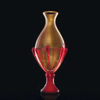 Exceptional Wave Murano Glass Ca’Bembo vase crafted in red and golden-yellow Murano glass with a glossy sheen