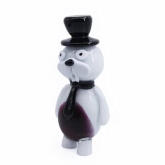 Murano Glass sculpture, white translucent glass, stylized rabbit in black top hat and bow tie, studio lighting, white background.