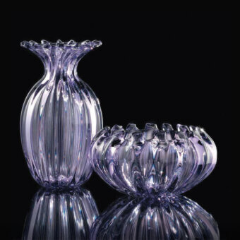 Distinguished Wave Murano Glass Dehli vase pair crafted in translucent lavender Murano glass with a glossy ribbed texture
