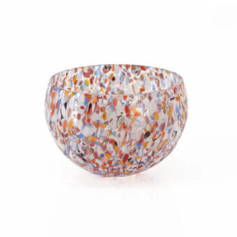 Luxury Wave Murano Glass Go.To Murano bowl crafted in vibrant orange, red, and blue glass with a glossy transparent matrix
