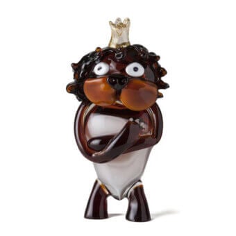 Murano glass lion figurine, dark brown mane, white belly, crossed paws, gold crown, glossy finish, handcrafted art piece.