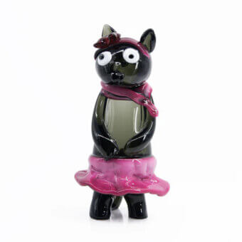 Black Murano glass cat figurine dressed as a ballerina with pink scarf, burgundy headpiece, white eyes, and glossy finish.