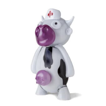 Murano glass cow figurine, white with black spots, purple accents, wearing a nurse’s cap, stylized cartoon design, glossy finish.