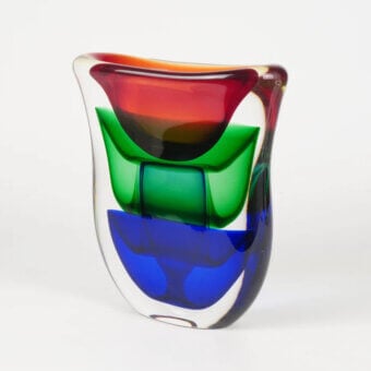 Exceptional Wave Murano Glass Ripple vase crafted from layered glass with vibrant blue, green, and red bands and a glossy finish