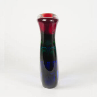 Distinguished Wave Murano Glass Ripple vase crafted from layered glass with ruby red, dark blue, black and teal hues with a glossy finish