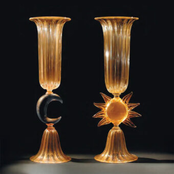 Lavish Wave Murano Glass vase crafted in translucent amber glass with opulent 24k gold leaf and a sunburst design