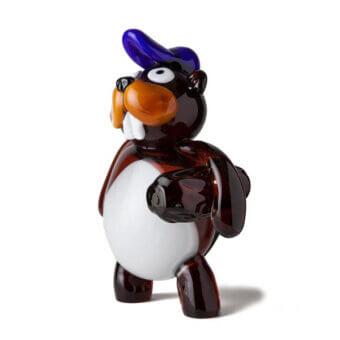 Murano glass beaver figurine, dark brown and white, with blue crest and translucent teeth, studio art sculpture on white background.