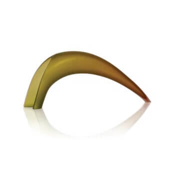 Murano glass vase, amber translucent, curved horn shape with flat base and pointed tip, hand-blown texture, studio lighting.