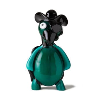 Green Murano glass turtle pirate figurine with black accents, featuring a glossy shell, slender neck, and detailed pirate hat.