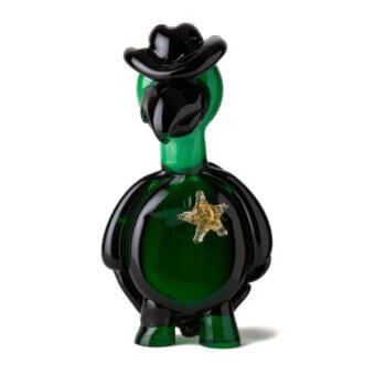 Murano glass turtle figurine, green and black, with cowboy hat and gold sheriff star, hand-blown glossy finish.