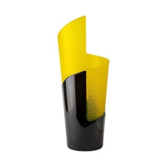 Stunning Wave Murano glass twirl vase crafted with a vibrant yellow spiral and glossy black base