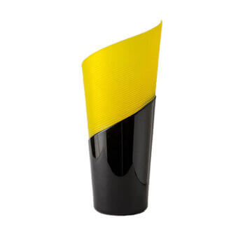 Distinguished Wave Murano glass twirl vase with a dynamic yellow swirl and glossy dark-toned base crafted in Italy