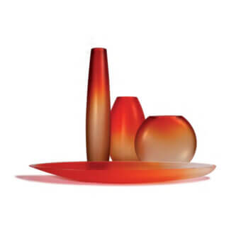 Murano glass vase set, red to amber gradient, cylindrical and rounded forms, glossy translucent finish, white background.