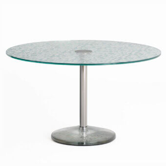 Exceptional Glas Italia Contro Peso table with rippled layered glass surface and mirror-polished stainless-steel support crafted in Italy