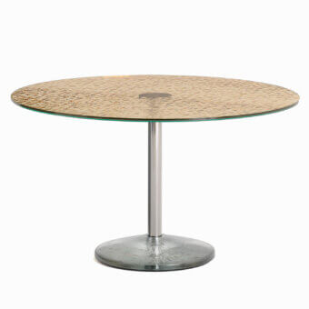 Superior Glas Italia Contro Peso table with golden-brown layered glass and mirror-polished stainless steel with silvered cast crystal base