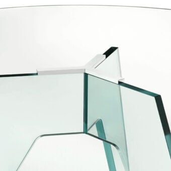 Luxury Glas Italia Crystal table crafted in transparent glass with mirror-polished stainless steel feet and connecting plates